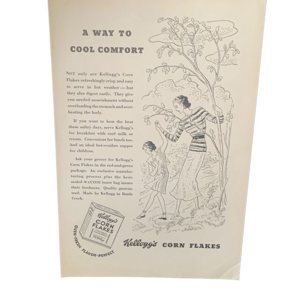 Vintage 1935 Kellogg’s Corn Flakes Cool Comfort Ad Advertisement